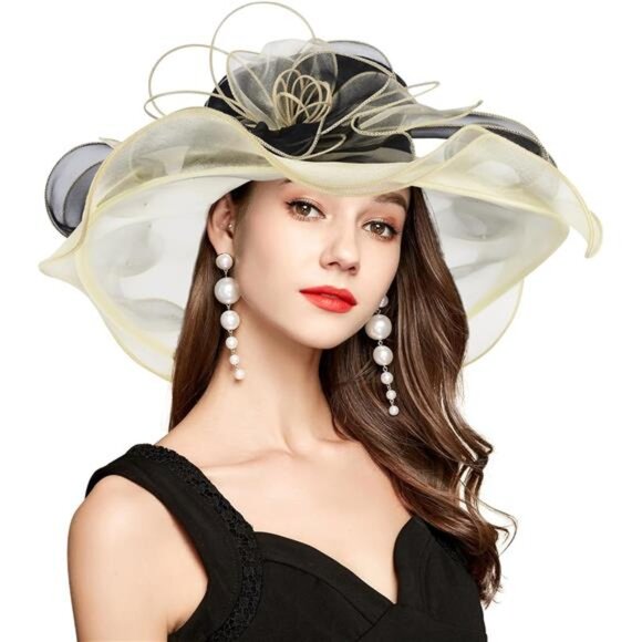 Derby Hats for Women, Classy Organza Sun Hat, Khaki Black